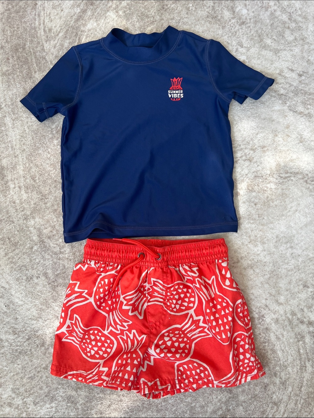 Kids Navy Blue Rash Guard and Red Pineapple Swim Trunks Set